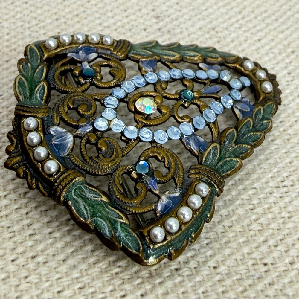 Anne Koplik Designs Filigree Shield Brooch Blue Rhinestone Faux‎ Pearl Enamel